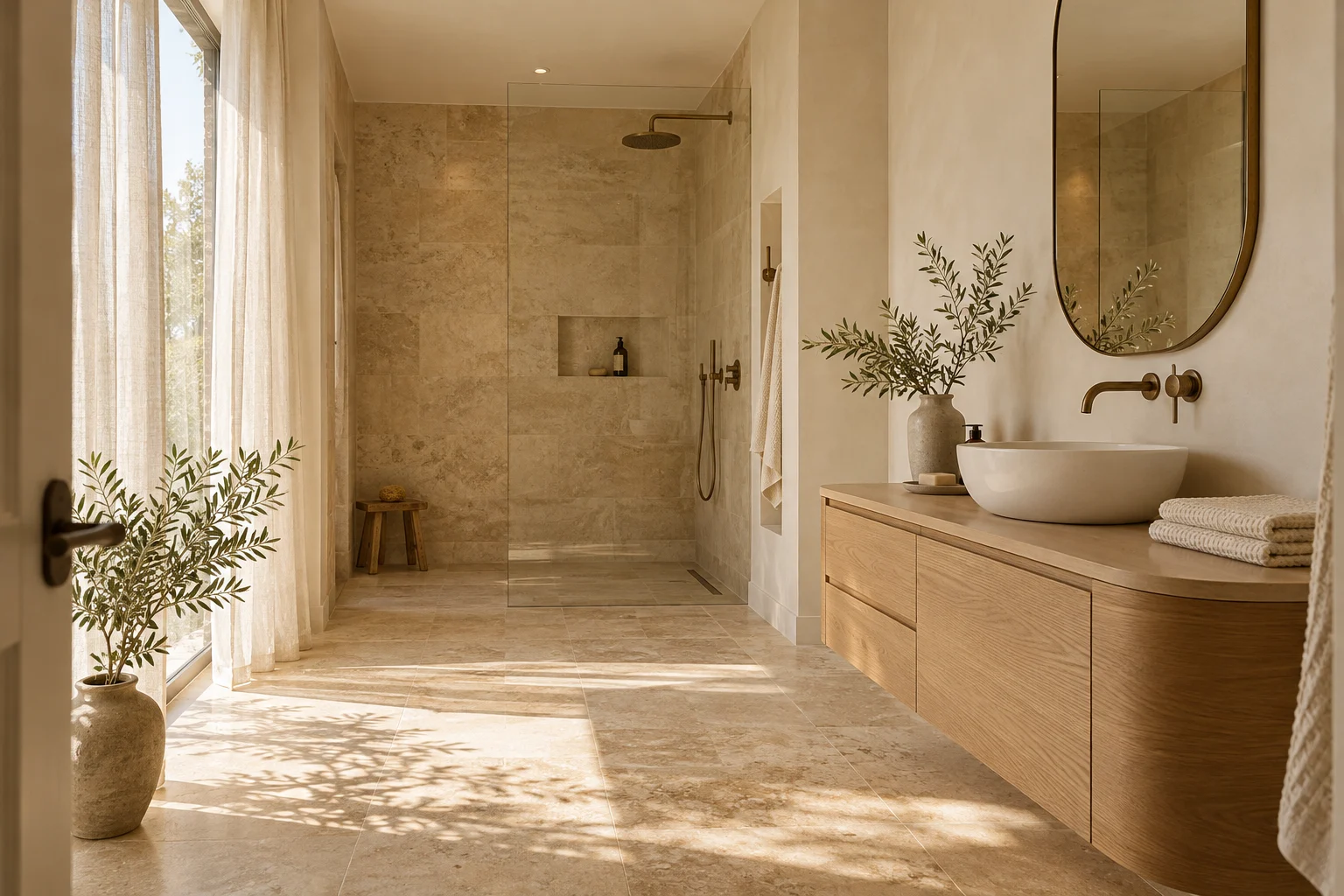 Gestaltungsinspiration: lichtdurchflutetes Bad mit Naturstein, Eichenwaschtisch und bronzenen Armaturen